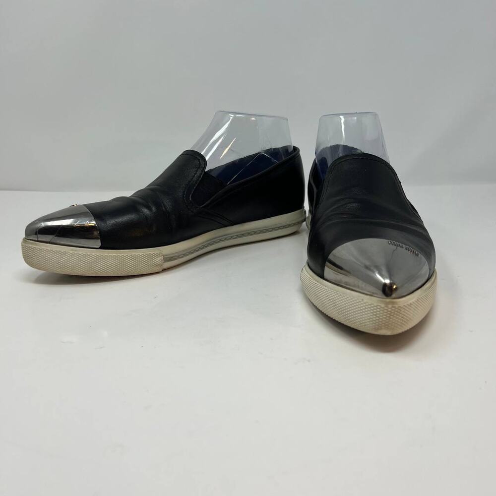 Miu Miu Loafers Women's 38.5 Black Leather Silver Toe Cap Slip On Luxury Shoes - Picture 3 of 16
